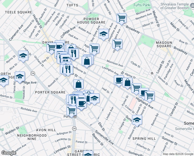 map of restaurants, bars, coffee shops, grocery stores, and more near 9 Windsor Road in Somerville