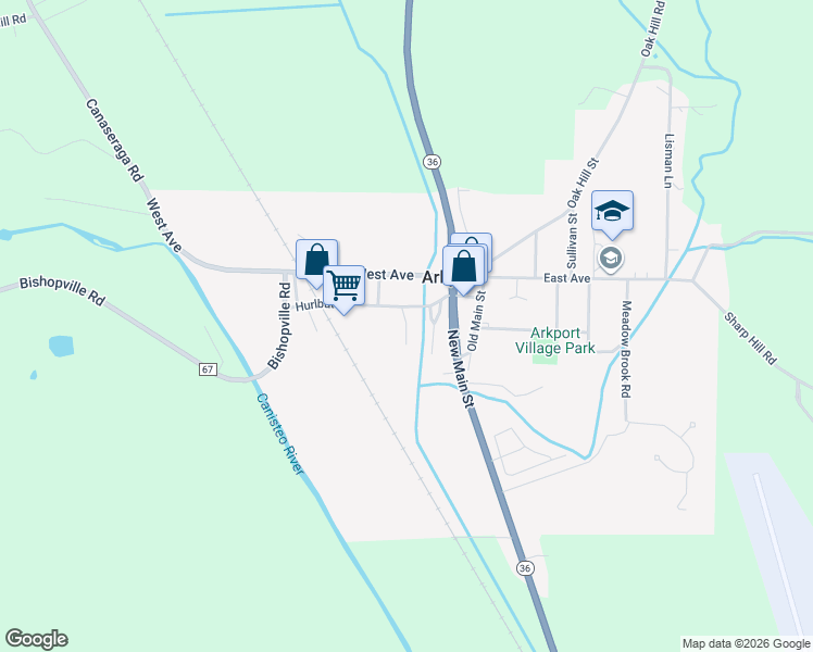map of restaurants, bars, coffee shops, grocery stores, and more near Peach Street in Arkport