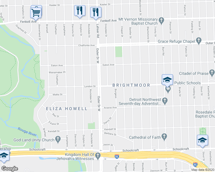map of restaurants, bars, coffee shops, grocery stores, and more near Greydale Street in Detroit