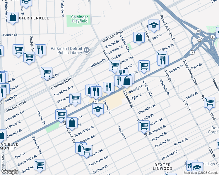 map of restaurants, bars, coffee shops, grocery stores, and more near 2689 Clements Street in Detroit