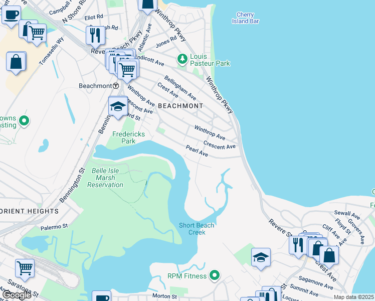 map of restaurants, bars, coffee shops, grocery stores, and more near 114 Pearl Avenue in Revere