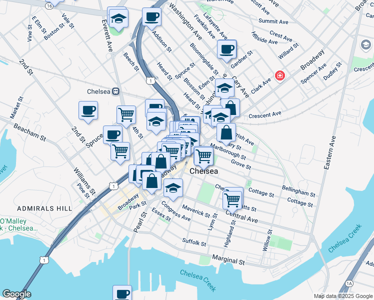 map of restaurants, bars, coffee shops, grocery stores, and more near 4 Washington Avenue in Chelsea