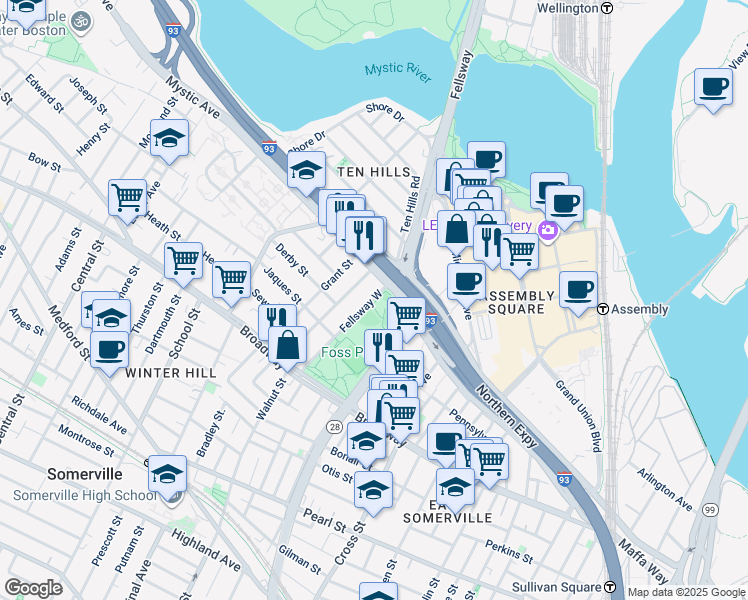 map of restaurants, bars, coffee shops, grocery stores, and more near 100 Fellsway West in Somerville