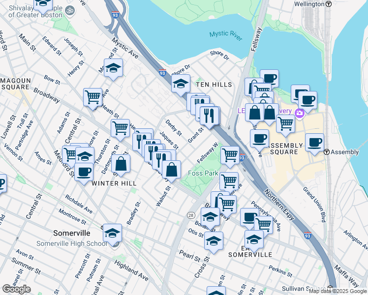 map of restaurants, bars, coffee shops, grocery stores, and more near 19 Jaques Street in Somerville