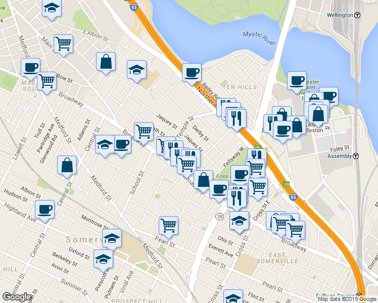 map of restaurants, bars, coffee shops, grocery stores, and more near 11 Sewall Street in Somerville