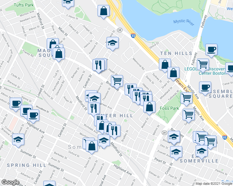 map of restaurants, bars, coffee shops, grocery stores, and more near 59 Dartmouth Street in Somerville