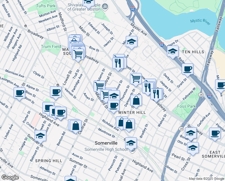 map of restaurants, bars, coffee shops, grocery stores, and more near 138 Sycamore Street in Somerville