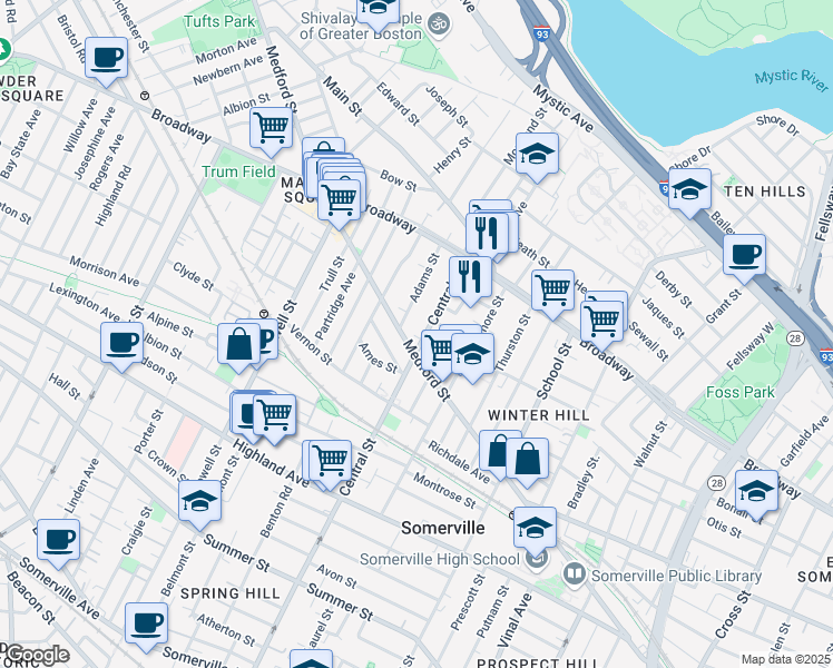 map of restaurants, bars, coffee shops, grocery stores, and more near 155 Central Street in Somerville