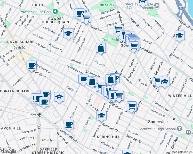 map of restaurants, bars, coffee shops, grocery stores, and more near 51 Alpine Street in Somerville
