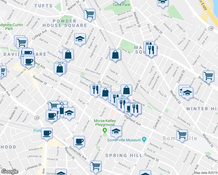 map of restaurants, bars, coffee shops, grocery stores, and more near 159 Albion Street in Somerville