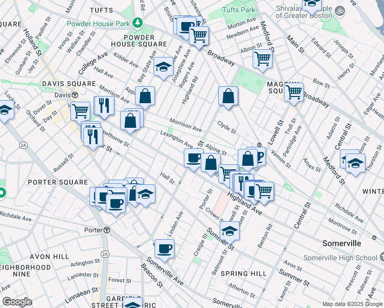 map of restaurants, bars, coffee shops, grocery stores, and more near 124 Cedar Street in Somerville
