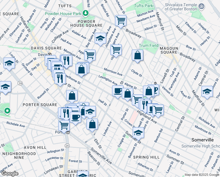 map of restaurants, bars, coffee shops, grocery stores, and more near 307 Highland Avenue in Somerville