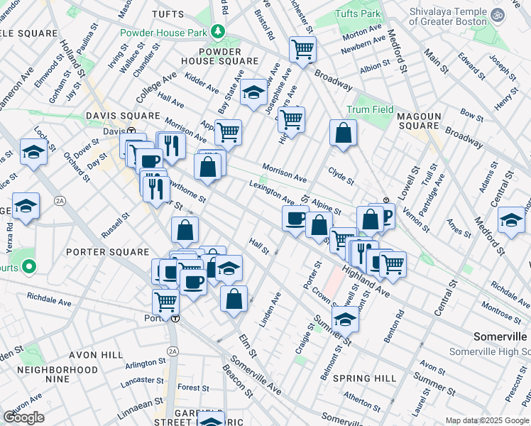 map of restaurants, bars, coffee shops, grocery stores, and more near 307 Highland Avenue in Somerville