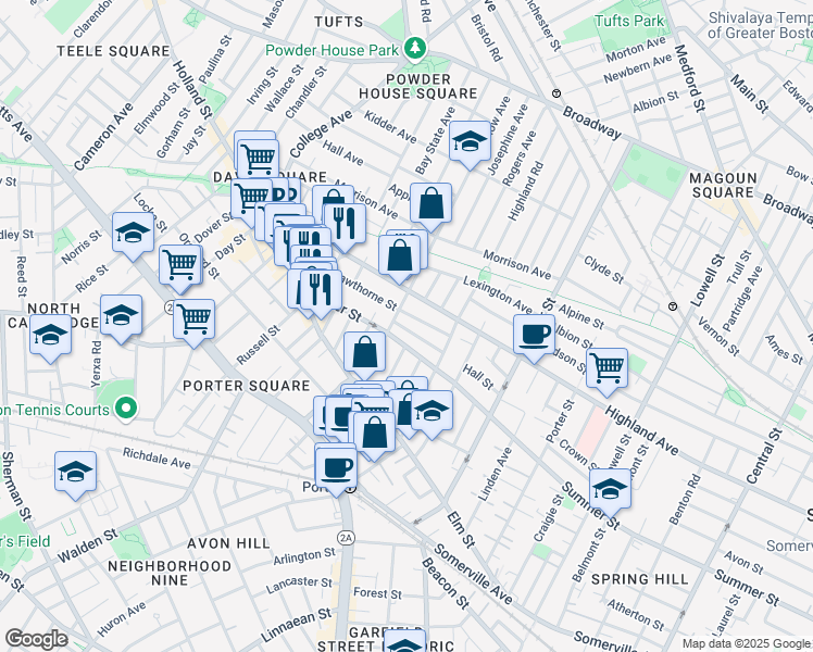 map of restaurants, bars, coffee shops, grocery stores, and more near 18 Charnwood Road in Somerville
