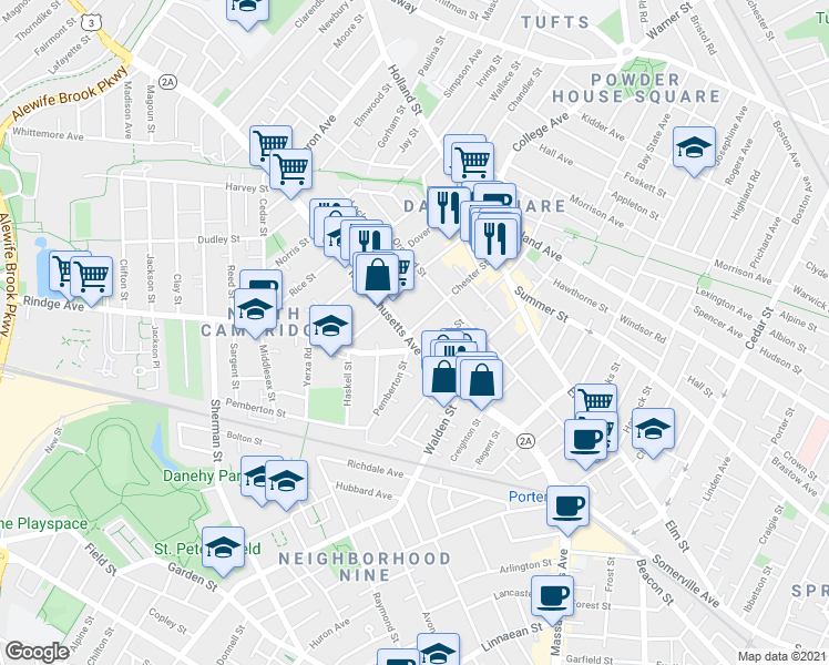map of restaurants, bars, coffee shops, grocery stores, and more near 2192 Massachusetts Avenue in Cambridge