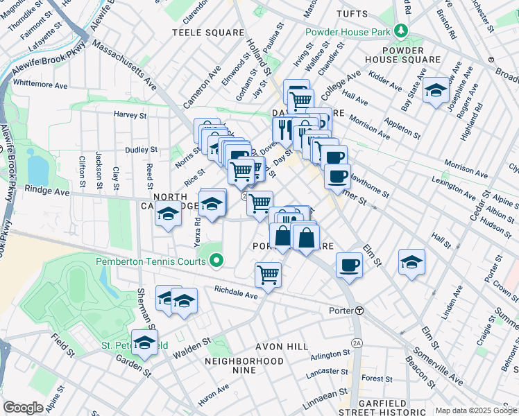 map of restaurants, bars, coffee shops, grocery stores, and more near 2192 Massachusetts Avenue in Cambridge