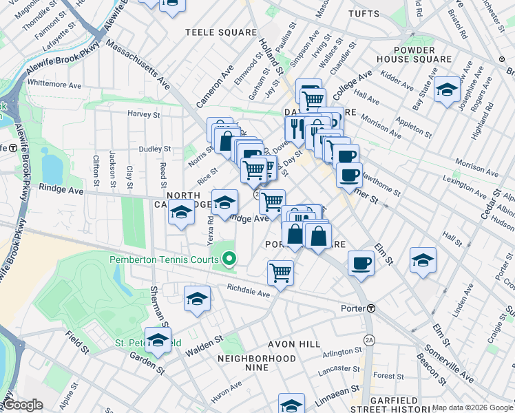 map of restaurants, bars, coffee shops, grocery stores, and more near 2192 Massachusetts Avenue in Cambridge