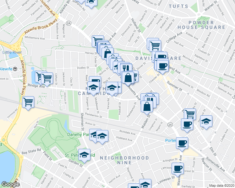 map of restaurants, bars, coffee shops, grocery stores, and more near 89 Rindge Avenue in Cambridge
