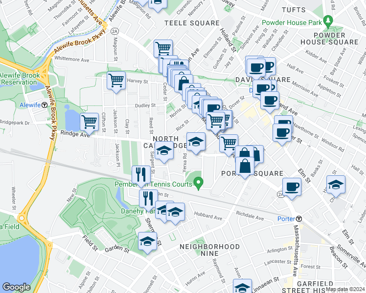 map of restaurants, bars, coffee shops, grocery stores, and more near 142 Rindge Avenue in Cambridge