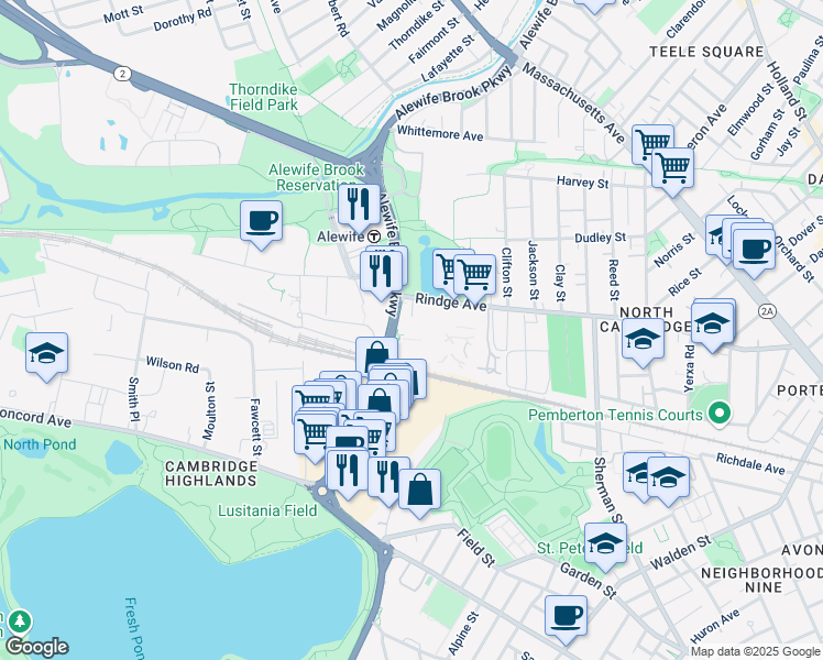 map of restaurants, bars, coffee shops, grocery stores, and more near 402 Rindge Avenue in Cambridge