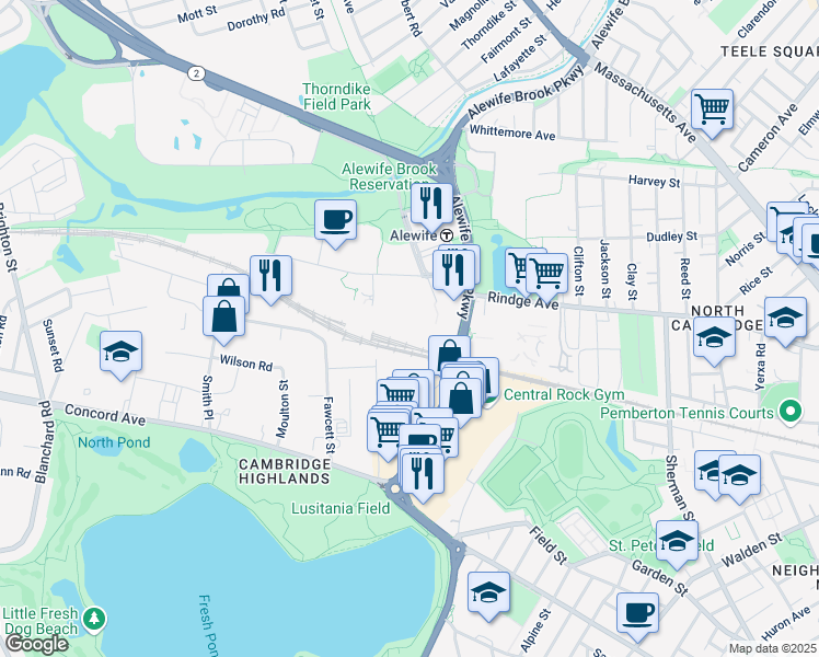 map of restaurants, bars, coffee shops, grocery stores, and more near 88 Cambridge Park Drive in Cambridge