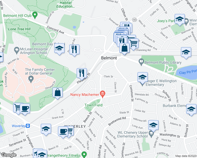 map of restaurants, bars, coffee shops, grocery stores, and more near 60 Thomas Street in Belmont