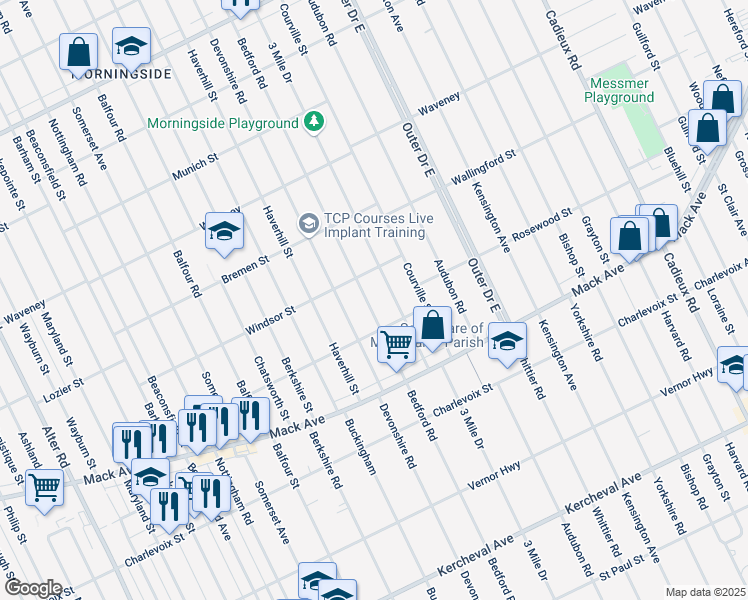 map of restaurants, bars, coffee shops, grocery stores, and more near 3661 Bedford Road in Detroit