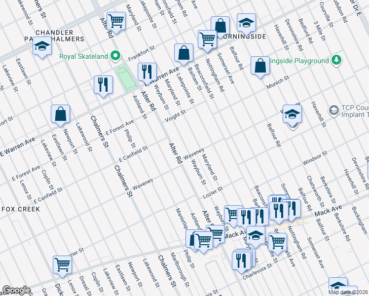 map of restaurants, bars, coffee shops, grocery stores, and more near 4316 Wayburn Street in Detroit
