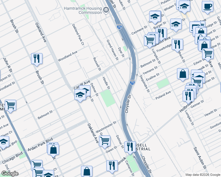 map of restaurants, bars, coffee shops, grocery stores, and more near 9833 Russell Street in Detroit