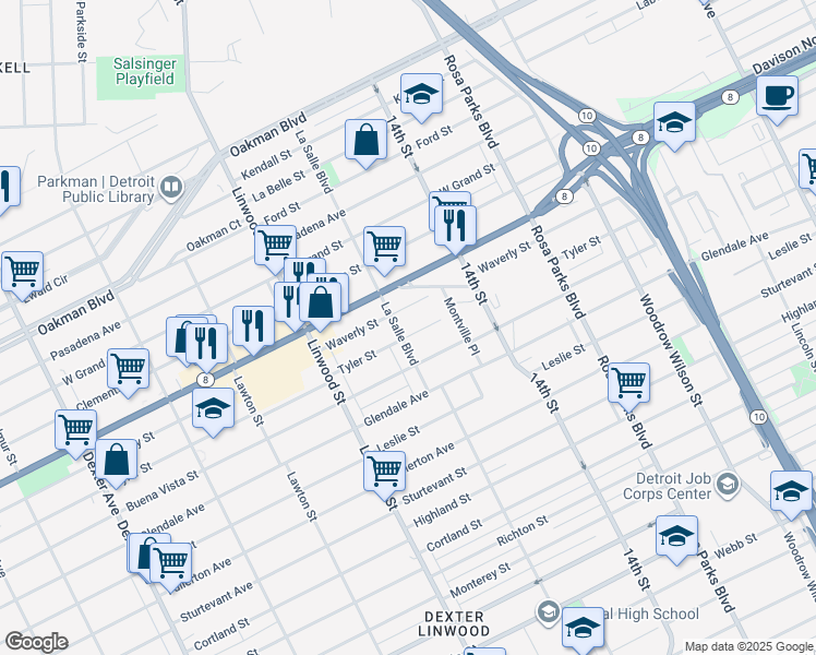 map of restaurants, bars, coffee shops, grocery stores, and more near 13200 La Salle Boulevard in Detroit