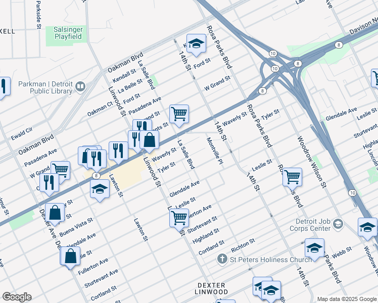 map of restaurants, bars, coffee shops, grocery stores, and more near 13200 La Salle Boulevard in Detroit