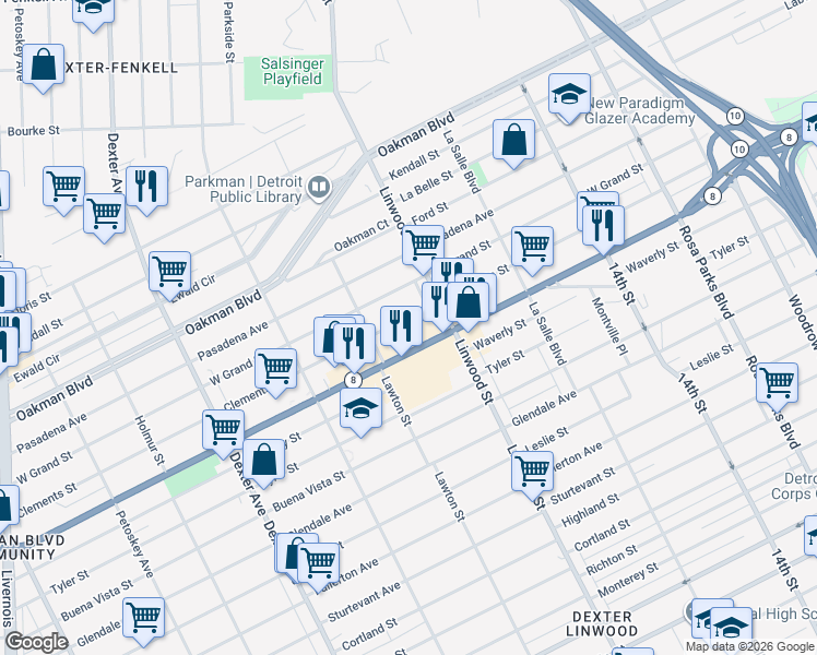 map of restaurants, bars, coffee shops, grocery stores, and more near 2689 Clements Street in Detroit