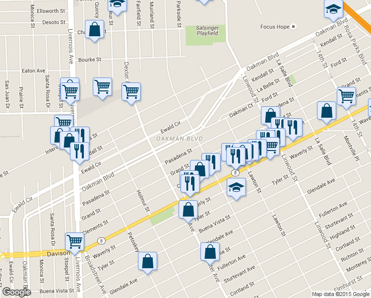 map of restaurants, bars, coffee shops, grocery stores, and more near 3252 Pasadena Street in Detroit