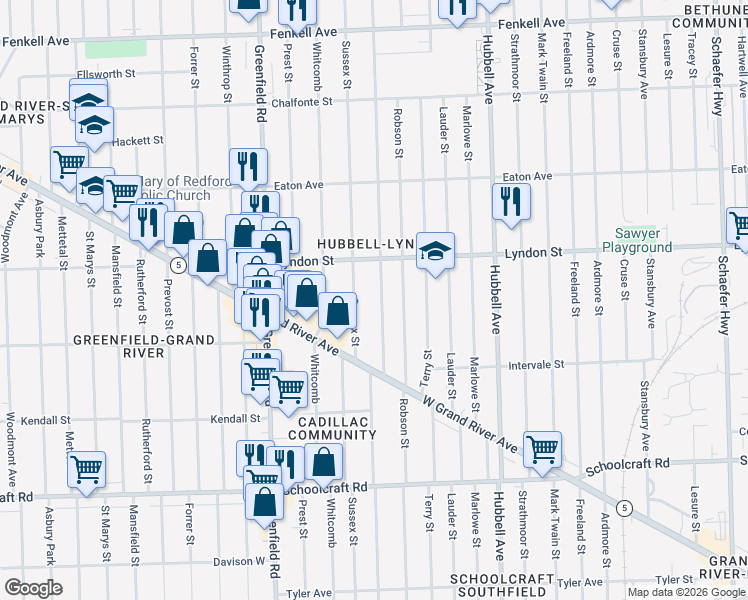 map of restaurants, bars, coffee shops, grocery stores, and more near 14346 Sussex Street in Detroit