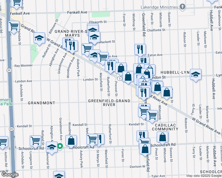 map of restaurants, bars, coffee shops, grocery stores, and more near 14390 Rutherford Street in Detroit
