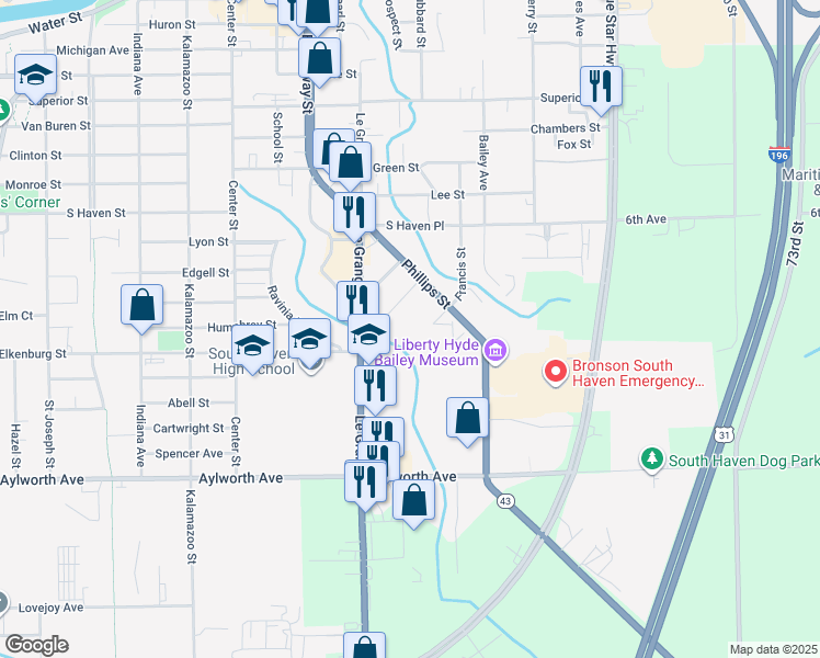 map of restaurants, bars, coffee shops, grocery stores, and more near 723 Arbor Court in South Haven