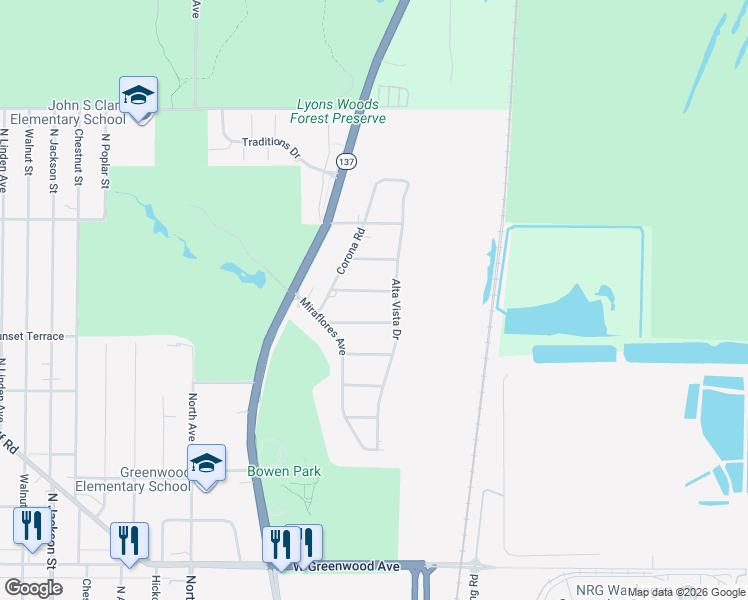 map of restaurants, bars, coffee shops, grocery stores, and more near 99 Beech Avenue in Waukegan