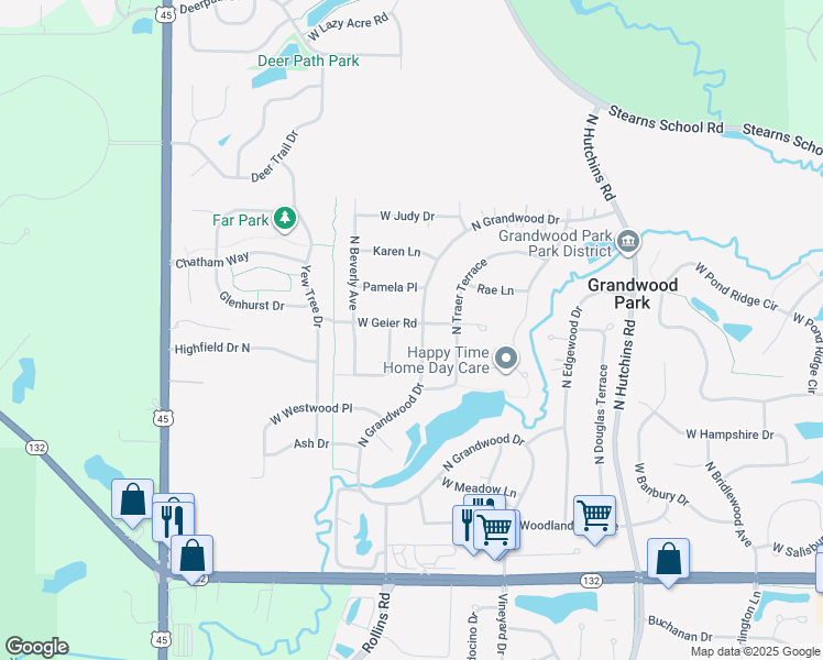 map of restaurants, bars, coffee shops, grocery stores, and more near 18583 West Geier Road in Gurnee