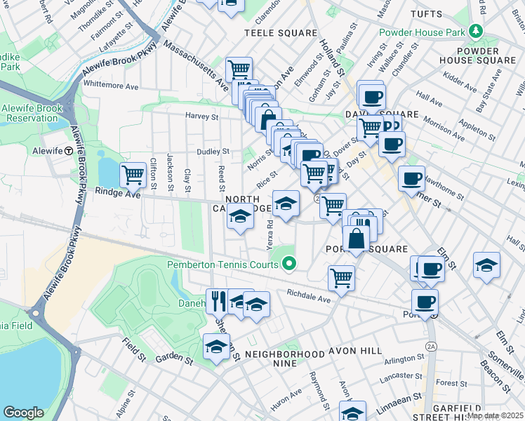 map of restaurants, bars, coffee shops, grocery stores, and more near 124 Rindge Avenue in Cambridge