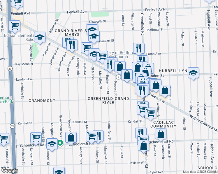 map of restaurants, bars, coffee shops, grocery stores, and more near 14390 Rutherford Street in Detroit
