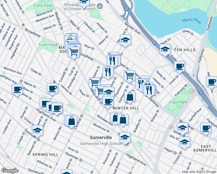 map of restaurants, bars, coffee shops, grocery stores, and more near 138 Sycamore Street in Somerville