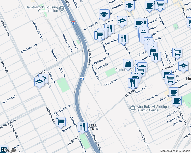 map of restaurants, bars, coffee shops, grocery stores, and more near 9651 Dequindre Street in Hamtramck