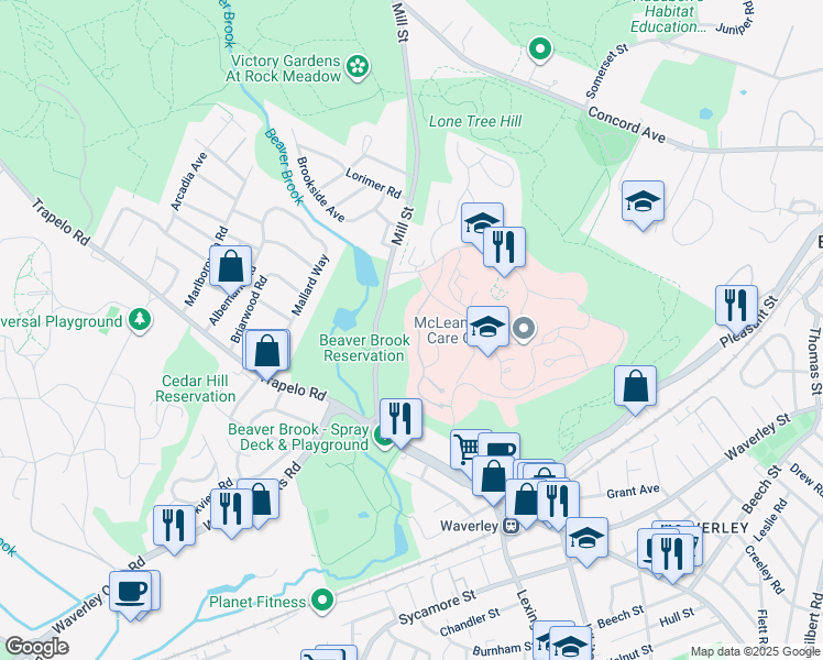map of restaurants, bars, coffee shops, grocery stores, and more near 21 South Cottage Road in Belmont