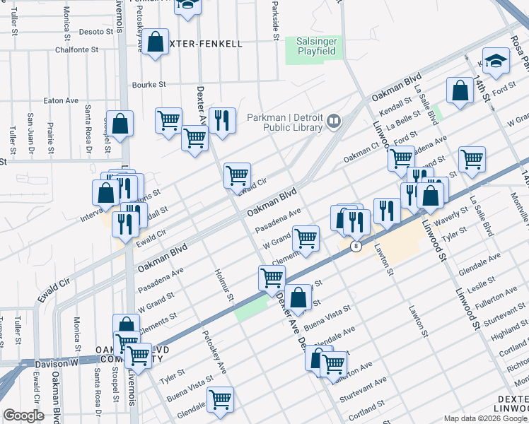 map of restaurants, bars, coffee shops, grocery stores, and more near 2107 Oakman Boulevard in Detroit
