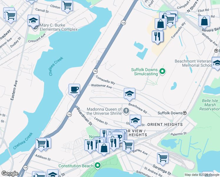 map of restaurants, bars, coffee shops, grocery stores, and more near 212 Waldemar Avenue in Boston