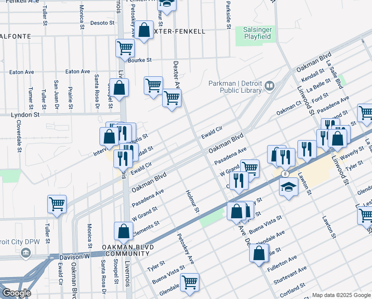 map of restaurants, bars, coffee shops, grocery stores, and more near 2231 Ewald Circle in Detroit