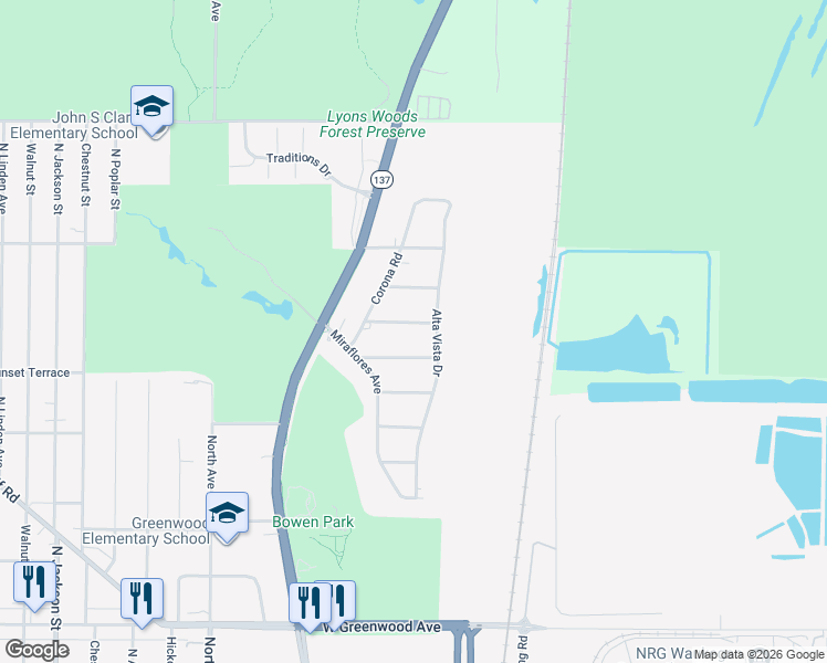map of restaurants, bars, coffee shops, grocery stores, and more near 99 Beech Avenue in Waukegan