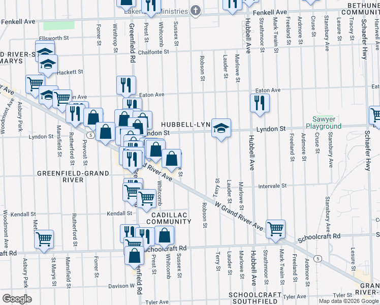 map of restaurants, bars, coffee shops, grocery stores, and more near 14346 Sussex Street in Detroit