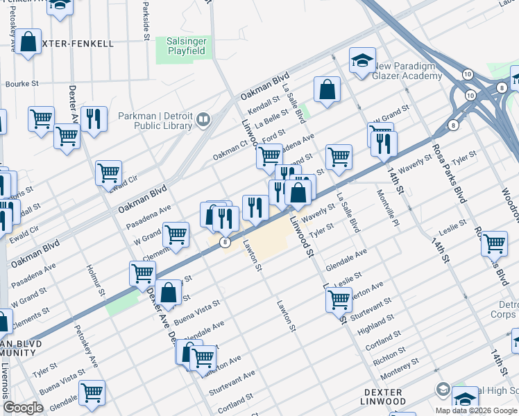 map of restaurants, bars, coffee shops, grocery stores, and more near 2689 Clements Street in Detroit