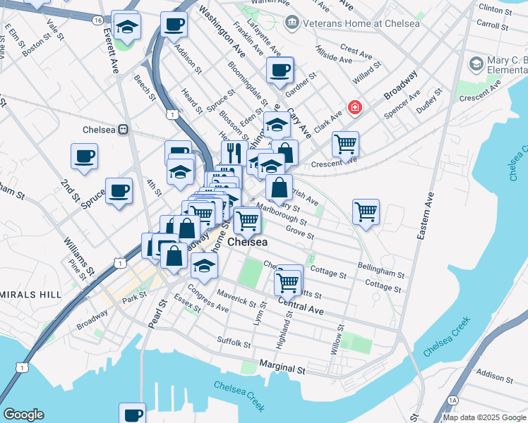 map of restaurants, bars, coffee shops, grocery stores, and more near 19 Marlborough Street in Chelsea